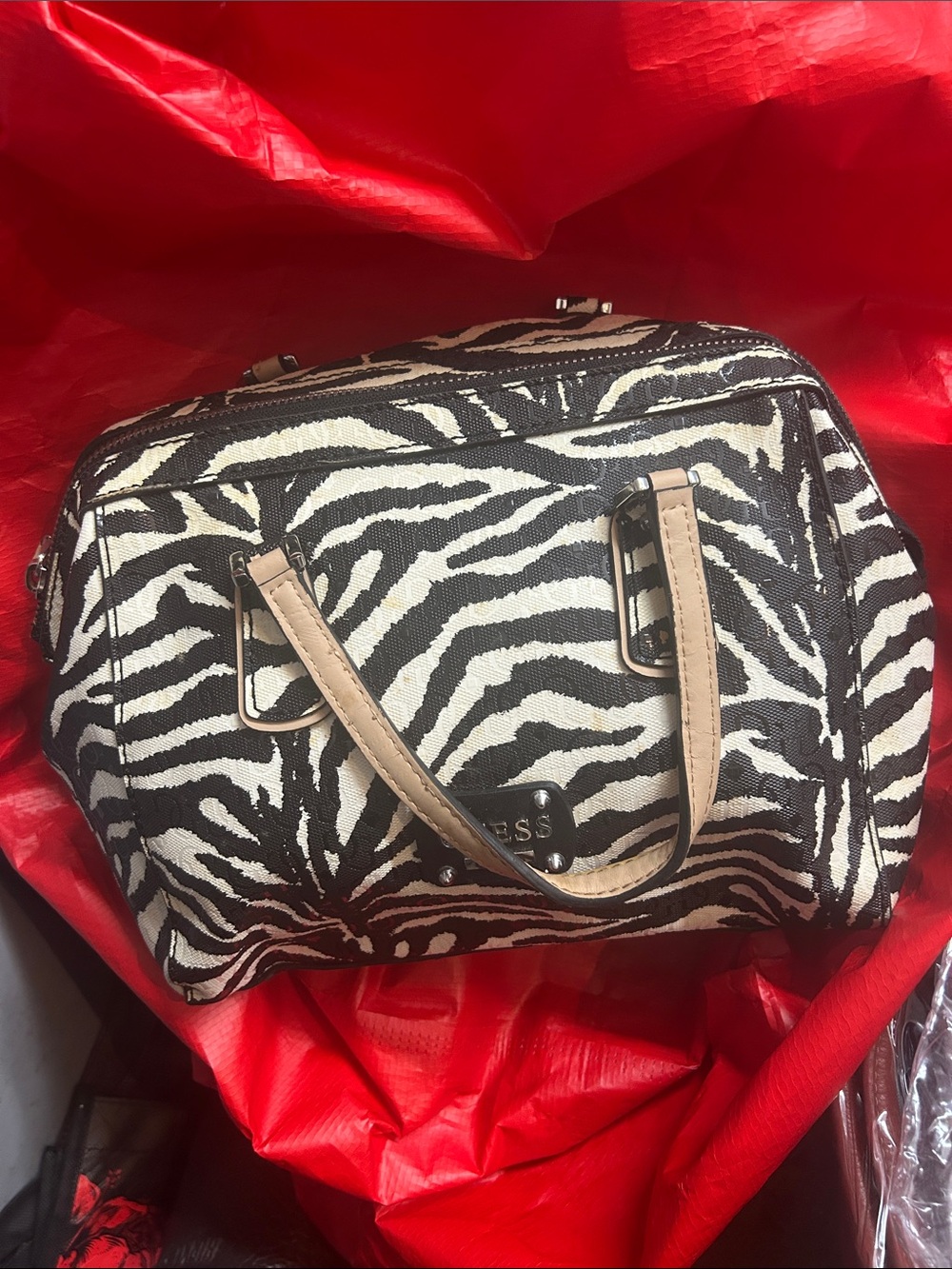 GUESS Zebra-Print satchel with wallet has Tan Handles